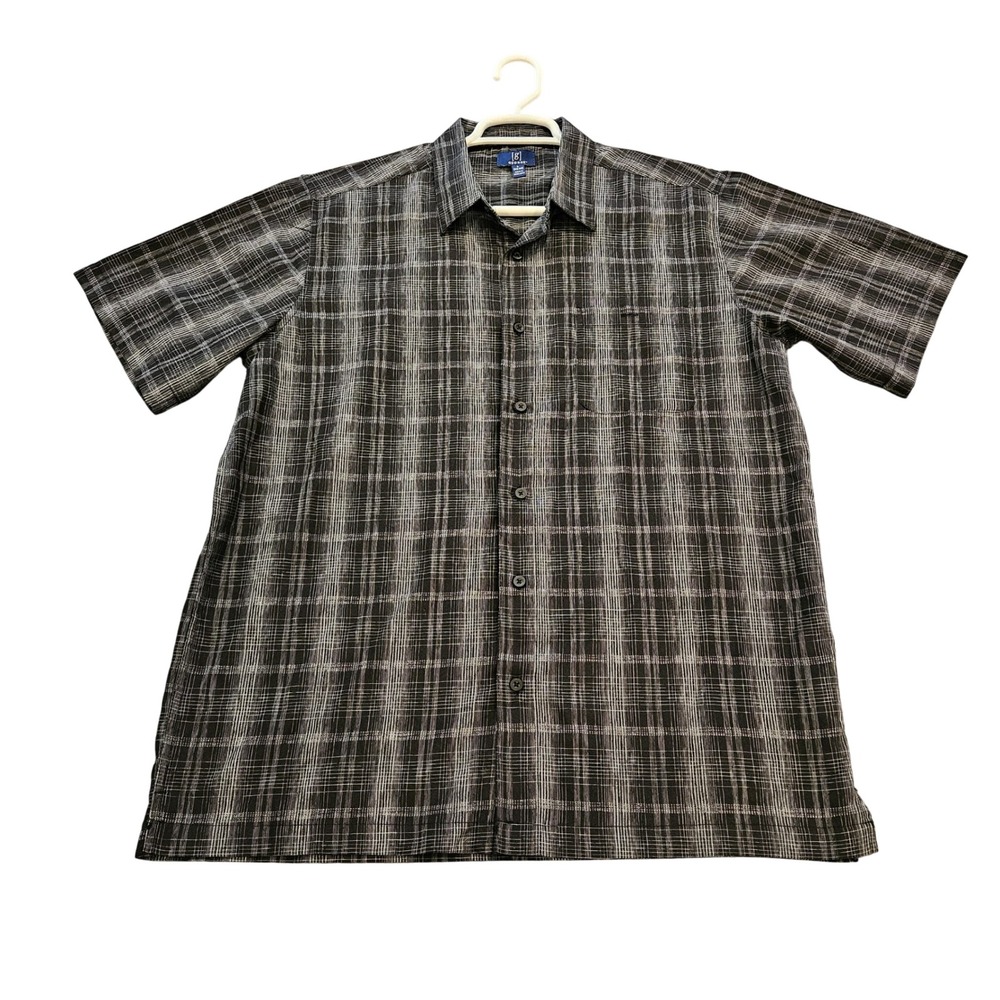 George Mens Black White Plaid Short Sleeve Button Down Shirt Large